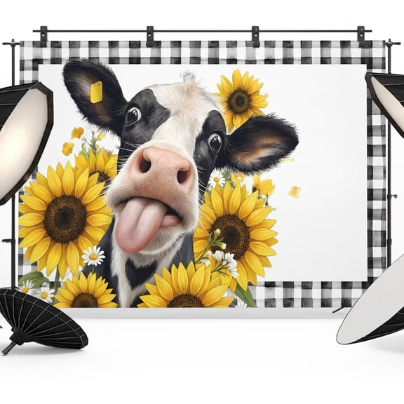 Photo Backdrop 5x7 ft Farmhouse Cow Photography Backdrops CurtainsSunflower Funny Animal Black Plaid Photo Booth Drapes for Backdrop Photoshoot Wedding Party Birthday Background Screen