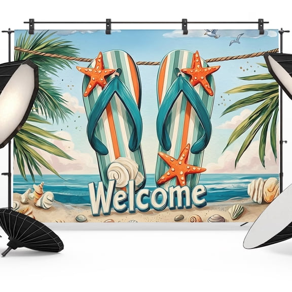 Photo Backdrop 5x7 ft Flip Flops Photography Backdrops Curtains Wall Covering Summer Beach Sand Palm Leaves Photo Booth Drapes for Backdrop Photoshoot Wedding Party Birthday Background Screen