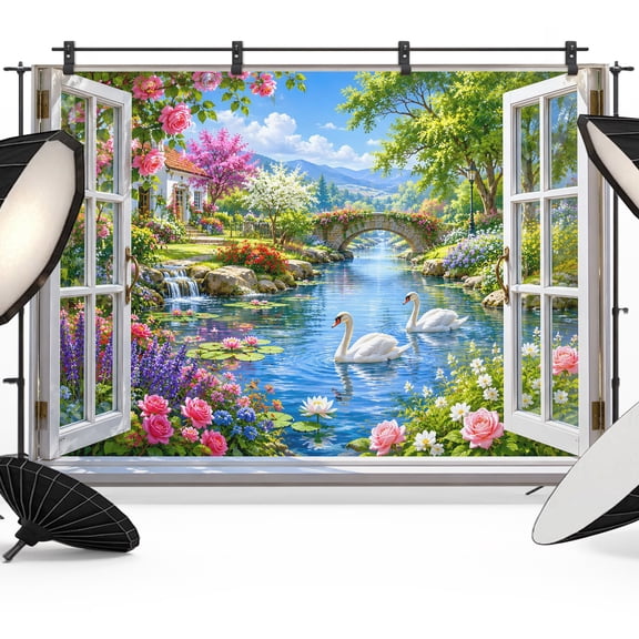 Photo Backdrop 5x7 ft Floral Pair of Swans Photography Backdrops Picture Wall Covering Lake Scenery Window View Photo Booth Drapes for Backdrop Photoshoot Wedding Party Birthday Background Screen