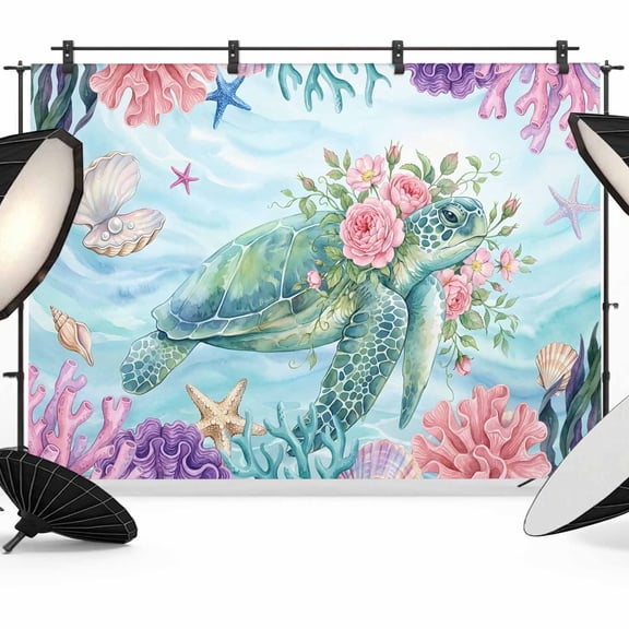 Photo Backdrop 5x7 ft Floral Sea Turtle Photography Backdrops CurtainsStarfish Shell Coral Teal Green Photo Booth Drapes for Backdrop Photoshoot Wedding Party Birthday Background Screen