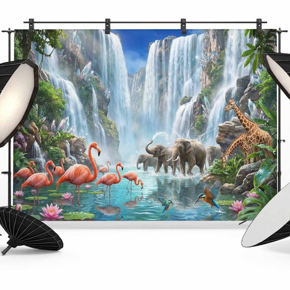 Photo Backdrop 5x7 ft Forest Animal Photography Backdrops CurtainsMajestic Waterfall Elephant Flamigo Photo Booth Drapes for Backdrop Photoshoot Wedding Party Birthday Background Screen