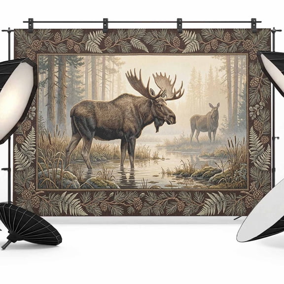 Photo Backdrop 5x7 ft Forest Moose Photography Backdrops Curtains Wall Covering Animal Sunlight Misty Wetland Photo Booth Drapes for Backdrop Photoshoot Wedding Party Birthday Background Screen