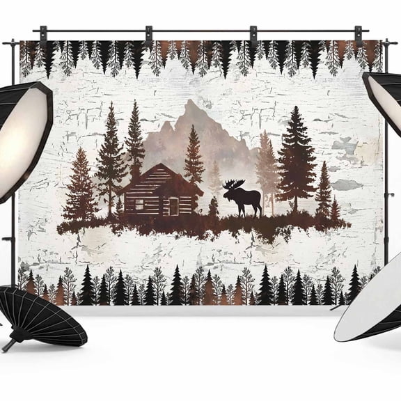 Photo Backdrop 5x7 ft Forest Moose Photography Backdrops CurtainsLog Cabin Animal Pine Tree Woodland Photo Booth Drapes for Backdrop Photoshoot Wedding Party Birthday Background Screen