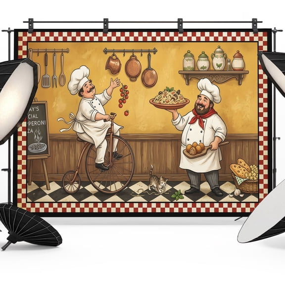 Photo Backdrop 5x7 ft Funny Chef Photography Backdrops Curtains Wall Covering Pizza Toss Cooking Kitchen Plaid Photo Booth Drapes for Backdrop Photoshoot Wedding Party Birthday Background Screen
