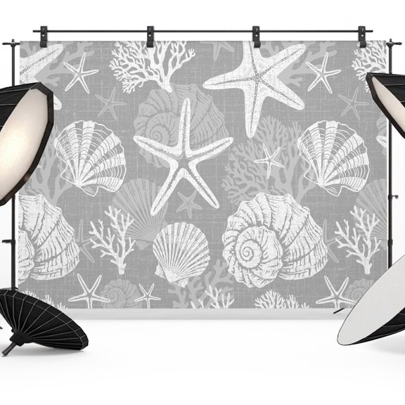 Photo Backdrop 5x7 ft Gray Coastal Marine Life Photography Backdrops Curtains Wall Covering Starfish Shell Conch Photo Booth Drapes for Backdrop Photoshoot Wedding Party Birthday Background Screen