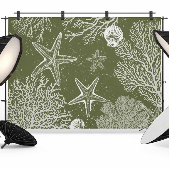 Photo Backdrop 5x7 ft Green Coral Photography Backdrops Curtains Picture Wall Covering Ocean Starfish Shell Photo Booth Drapes for Backdrop Photoshoot Wedding Party Birthday Background Screen