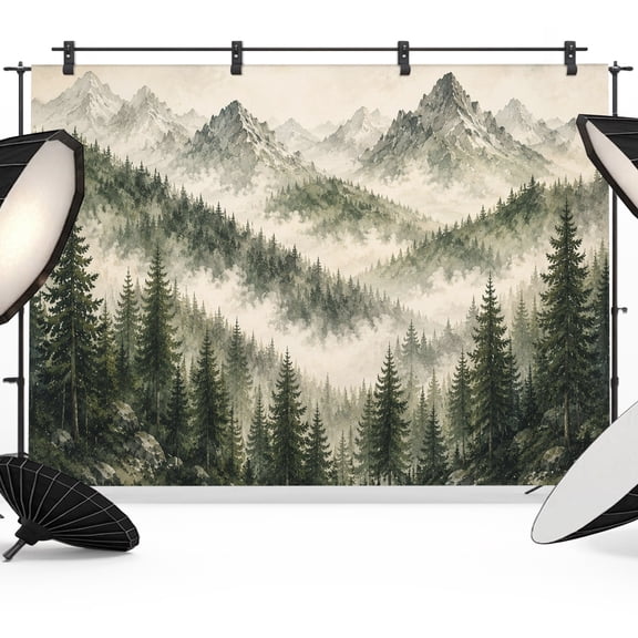 Photo Backdrop 5x7 ft Green Forest Mountain Photography Backdrops Picture Wall Covering Fog Peaks Pine Tree Photo Booth Drapes for Backdrop Photoshoot Wedding Party Birthday Background Screen