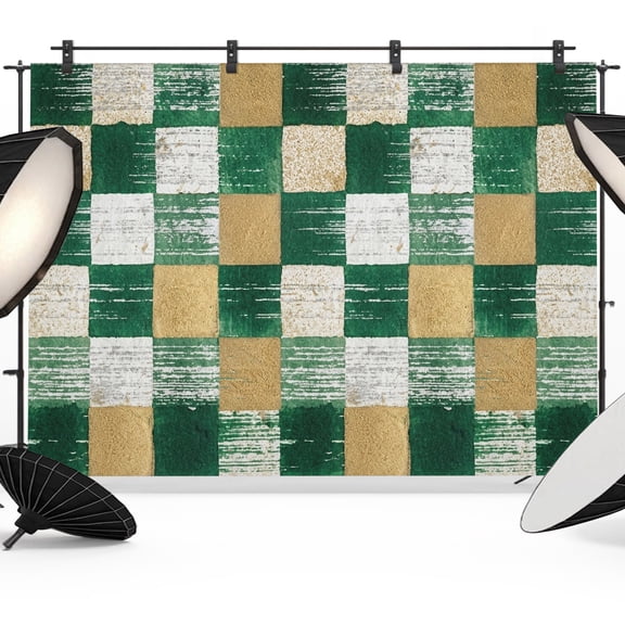 Photo Backdrop 5x7 ft Green Gold Squares Block Photography Backdrops Curtains Wall Covering Geometric Checkerboard Photo Booth Drapes for Backdrop Photoshoot Wedding Party Birthday Background Screen