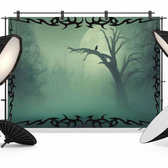 Photo Backdrop 5x7 ft Green Misty Forest Photography Backdrops Curtains Picture Wall Covering Moon Crow Bare Tree Photo Booth Drapes for Backdrop Photoshoot Wedding Party Birthday Background Screen