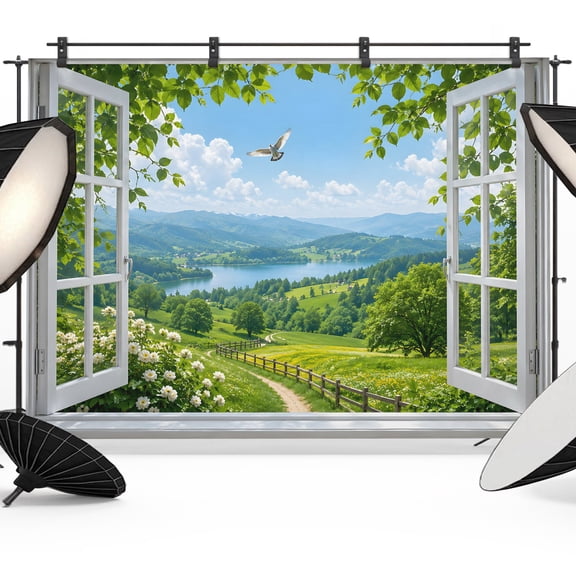 Photo Backdrop 5x7 ft Green Pasture Flying Bird Photography Backdrops Picture Wall Covering Scenery Window View Photo Booth Drapes for Backdrop Photoshoot Wedding Party Birthday Background Screen