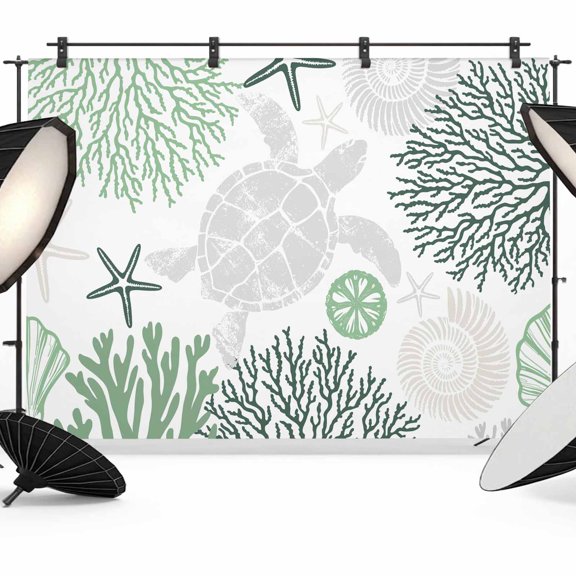 Photo Backdrop 5x7 ft Green Turtle Photography Backdrops Curtains Picture Wall Covering Ocean Coral Starfish Shell Photo Booth Drapes for Backdrop Photoshoot Wedding Party Birthday Background Screen
