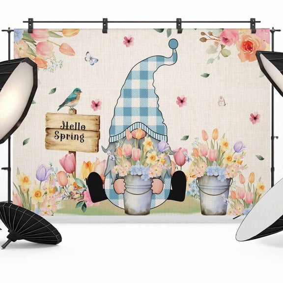 Photo Backdrop 5x7 ft Hello Spring Gnome Photography Backdrops Curtains Wall Covering Tulip Floral Bird Butterfly Photo Booth Drapes for Backdrop Photoshoot Wedding Party Birthday Background Screen
