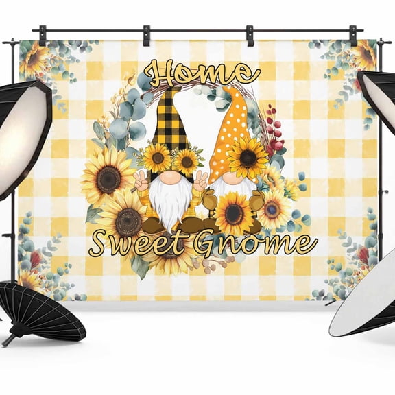 Photo Backdrop 5x7 ft Home Sweet Gnome Photography Backdrops Curtains Wall Covering Sunflower Leaves Yellow Plaid Photo Booth Drapes for Backdrop Photoshoot Wedding Party Birthday Background Screen