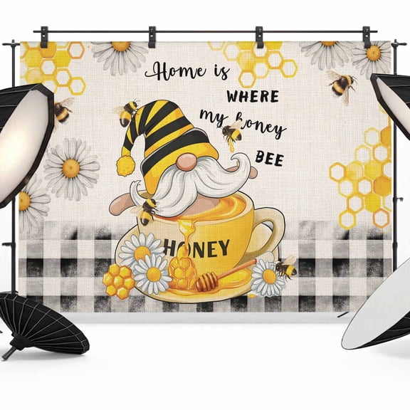 Photo Backdrop 5x7 ft Honey Bee Gnome Photography Backdrops Curtains Wall Covering Black Buffalo Plaid Daisy Photo Booth Drapes for Backdrop Photoshoot Wedding Party Birthday Background Screen