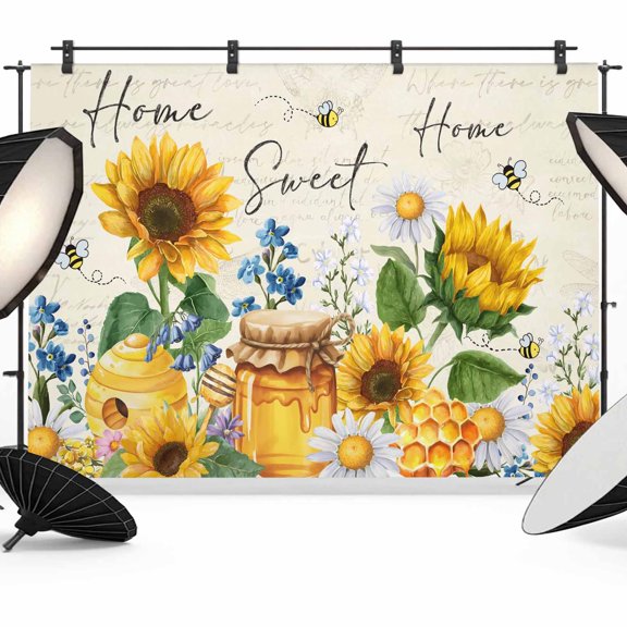 Photo Backdrop 5x7 ft Honey Bees Photography Backdrops Curtains Wall Covering Sunflower Green Leaves Sweet Home Photo Booth Drapes for Backdrop Photoshoot Wedding Party Birthday Background Screen