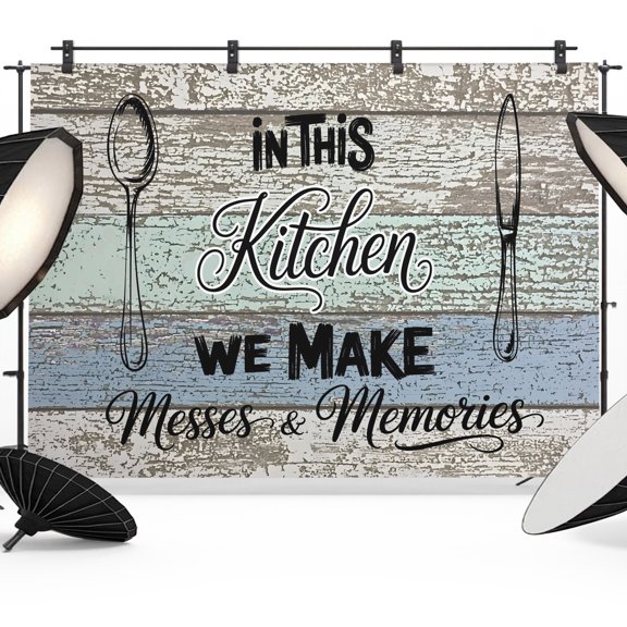 Photo Backdrop 5x7 ft Kitchen Art Text Photography Backdrops CurtainsSpoon Knife Grey Blue Wood Grain Photo Booth Drapes for Backdrop Photoshoot Wedding Party Birthday Background Screen