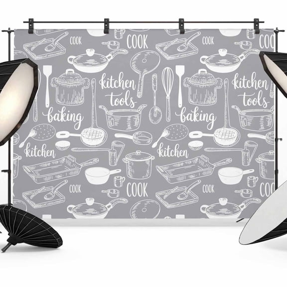 Photo Backdrop 5x7 ft Kitchen Tools Photography Backdrops CurtainsGrey Utensils Pots Pans Spoon Fork Photo Booth Drapes for Backdrop Photoshoot Wedding Party Birthday Background Screen