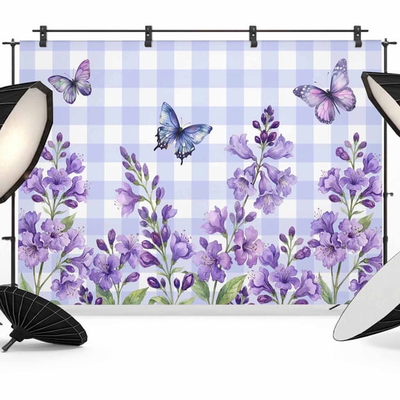 Photo Backdrop 5x7 ft Lavender Floral Photography Backdrops CurtainsButterfly Wisteria Flower Purple Plaid Photo Booth Drapes for Backdrop Photoshoot Wedding Party Birthday Background Screen