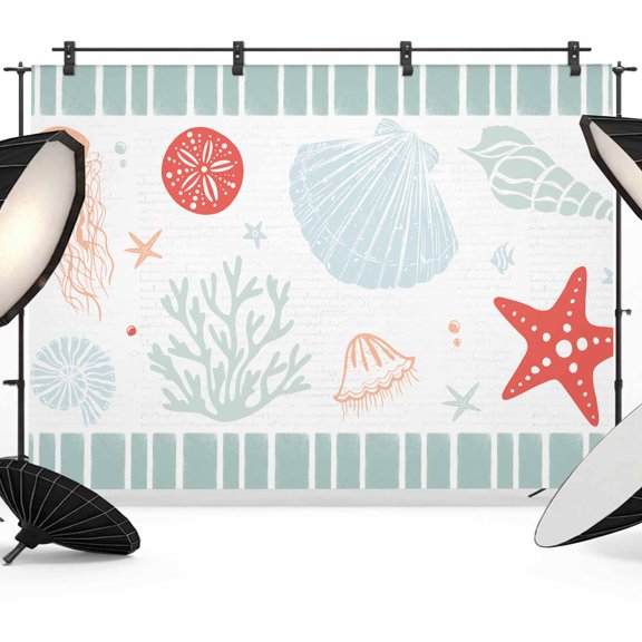 Photo Backdrop 5x7 ft Light Green Stripes Shell Photography Backdrops CurtainsOcean Starfish Jellyfish Coral Photo Booth Drapes for Backdrop Photoshoot Wedding Party Birthday Background Screen