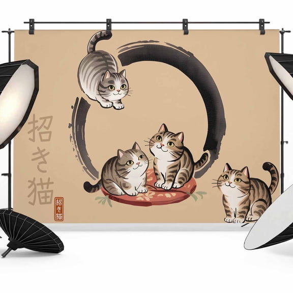 Photo Backdrop 5x7 ft Lucky Cat Photography Backdrops Curtains Picture Wall Covering Cute Japanese Style Beige Photo Booth Drapes for Backdrop Photoshoot Wedding Party Birthday Background Screen