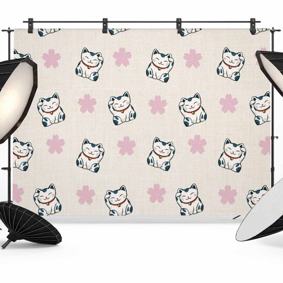 Photo Backdrop 5x7 ft Lucky Cat Photography Backdrops Curtains Wall Covering Cherry Blossoms Japanese Style Linen Photo Booth Drapes for Backdrop Photoshoot Wedding Party Birthday Background Screen