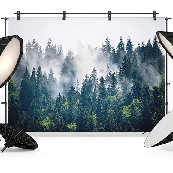 Photo Backdrop 5x7 ft Misty Forest Photography Backdrops Curtains Wall Covering Green Trees Mountain Landscape Photo Booth Drapes for Backdrop Photoshoot Wedding Party Birthday Background Screen
