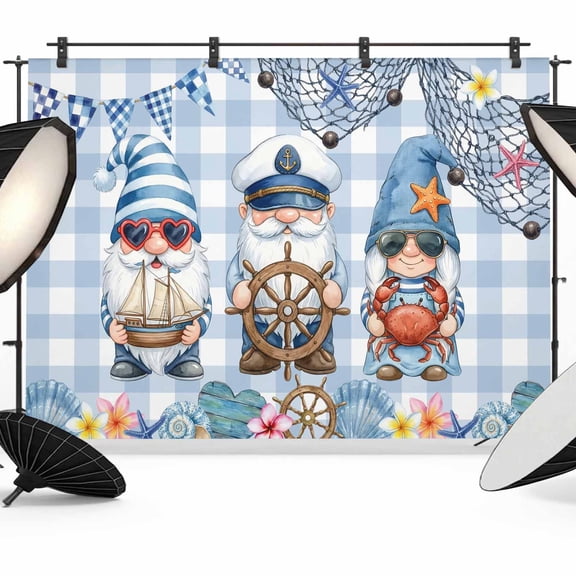 Photo Backdrop 5x7 ft Nautical Gnomes Photography Backdrops CurtainsOcean Crab Ship Rudder Blue Plaid Photo Booth Drapes for Backdrop Photoshoot Wedding Party Birthday Background Screen