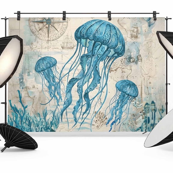 Photo Backdrop 5x7 ft Nautical Jellyfish Photography Backdrops CurtainsOcean Navies Starfish Coral Shell Photo Booth Drapes for Backdrop Photoshoot Wedding Party Birthday Background Screen