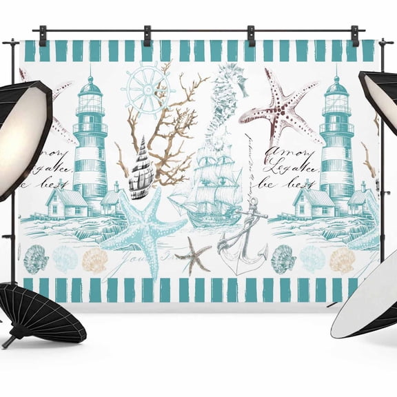 Photo Backdrop 5x7 ft Nautical Sailboat Photography Backdrops CurtainsLighthouse Anchor Starfish Turquoise Stripe Photo Booth Drapes for Backdrop Photoshoot Wedding Party Birthday Background Screen