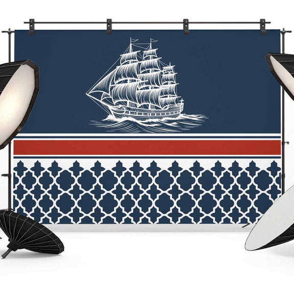 Photo Backdrop 5x7 ft Nautical Sailing Boats Photography Backdrops CurtainsRed Navy Blue Geometric Stripes Photo Booth Drapes for Backdrop Photoshoot Wedding Party Birthday Background Screen