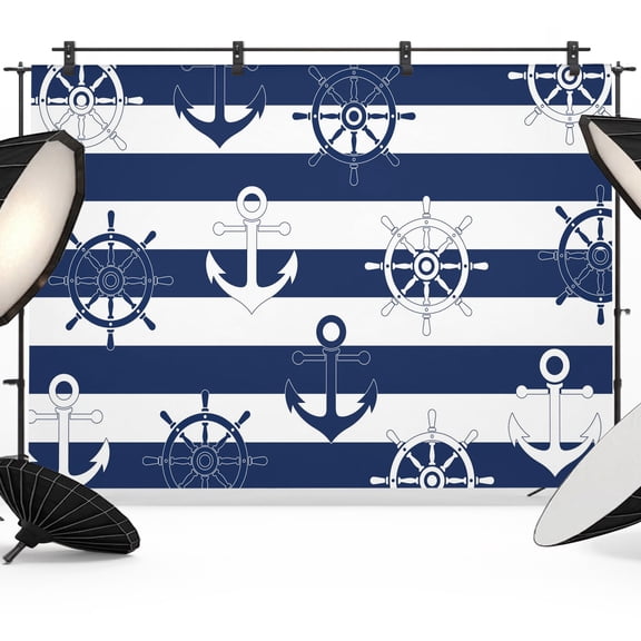 Photo Backdrop 5x7 ft Nautical Ship Anchors Photography Backdrops Picture Wall Covering Coastal Navy Blue Stripes Photo Booth Drapes for Backdrop Photoshoot Wedding Party Birthday Background Screen