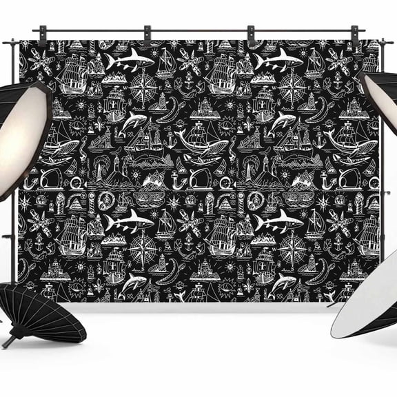 Photo Backdrop 5x7 ft Navigation Anchor Sailboat Photography Backdrops Curtains Wall Covering Black Compass Map Photo Booth Drapes for Backdrop Photoshoot Wedding Party Birthday Background Screen