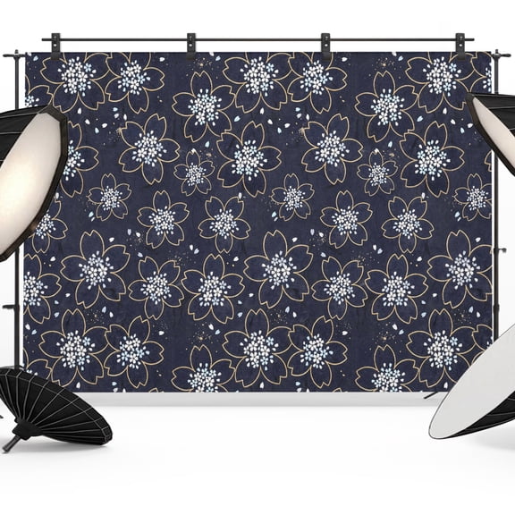 Photo Backdrop 5x7 ft Navy Blue Japanese Flower Photography Backdrops CurtainsStars Cherry Blossoms Falling Petals Photo Booth Drapes for Backdrop Photoshoot Wedding Party Birthday Background Screen