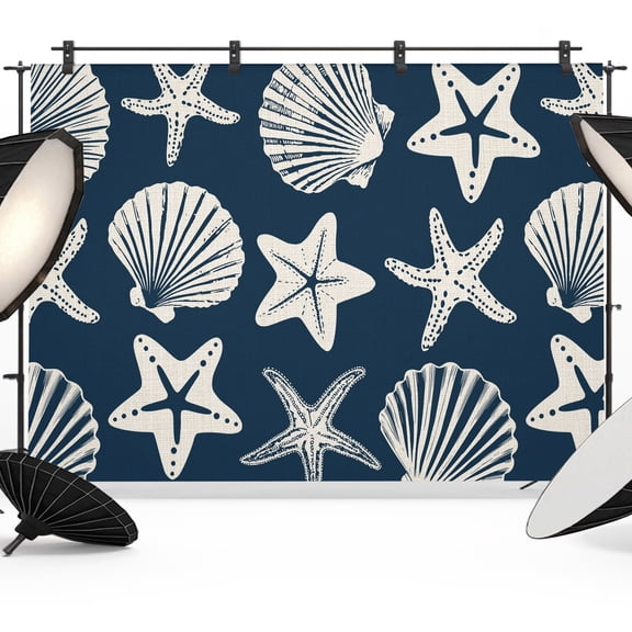 Photo Backdrop 5x7 ft Navy Blue Starfish Sea Shells Photography Backdrops CurtainsCoastal Marine Life Photo Booth Drapes for Backdrop Photoshoot Wedding Party Birthday Background Screen