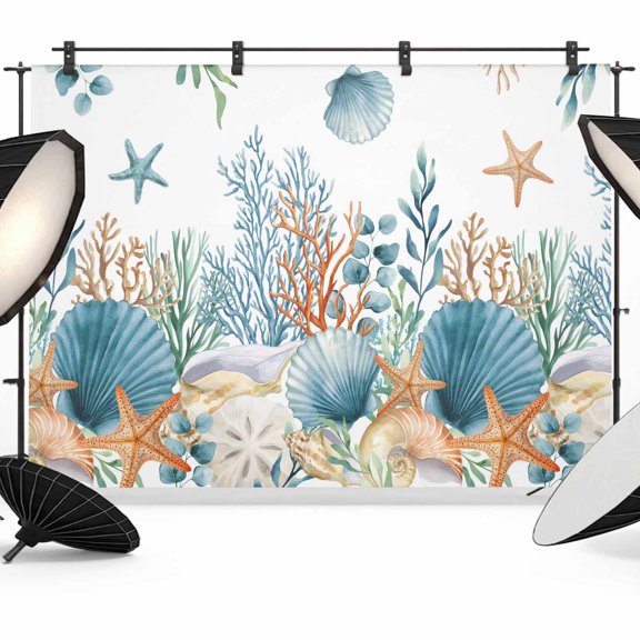 Photo Backdrop 5x7 ft Ocean Coral Photography Backdrops Curtains Wall Covering Seagrass Starfish Conch Shell Photo Booth Drapes for Backdrop Photoshoot Wedding Party Birthday Background Screen