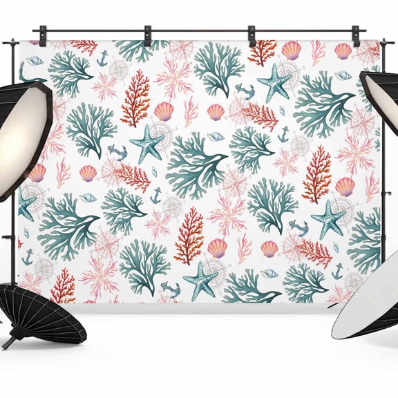 Photo Backdrop 5x7 ft Ocean Coral Shell Photography Backdrops Curtains Wall Covering Blue Pink Starfish Anchor Photo Booth Drapes for Backdrop Photoshoot Wedding Party Birthday Background Screen