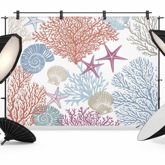 Photo Backdrop 5x7 ft Ocean Coral Starfish Photography Backdrops Curtains Wall Covering Beach Coastal Shell Photo Booth Drapes for Backdrop Photoshoot Wedding Party Birthday Background Screen