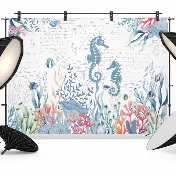 Photo Backdrop 5x7 ft Ocean Hippocampus Photography Backdrops Curtains Wall Covering Coral Shell Fish Marine LIfe Photo Booth Drapes for Backdrop Photoshoot Wedding Party Birthday Background Screen
