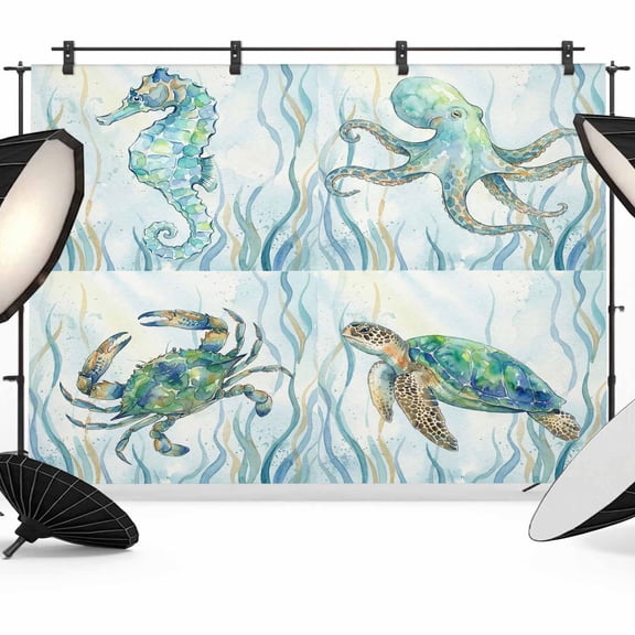 Photo Backdrop 5x7 ft Ocean Marin Life Photography Backdrops Curtains Wall Covering Teal Coral Turtle Crab Octopus Photo Booth Drapes for Backdrop Photoshoot Wedding Party Birthday Background Screen