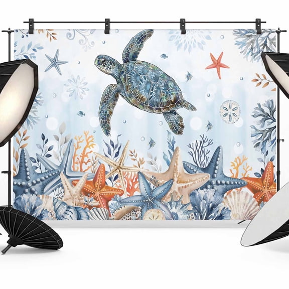 Photo Backdrop 5x7 ft Ocean Sea Turtle Photography Backdrops Curtains Wall Covering Coastal Starfish Coral Shell Photo Booth Drapes for Backdrop Photoshoot Wedding Party Birthday Background Screen