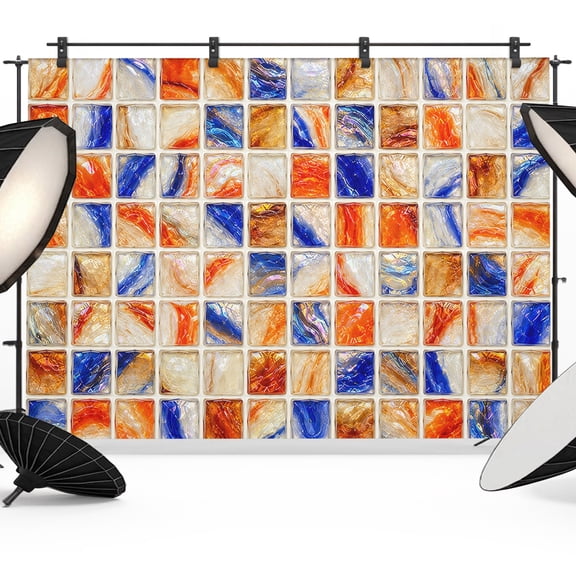 Photo Backdrop 5x7 ft Orange Square Mosaic Photography Backdrops Curtains Picture Wall Covering Glass Blocks Tiles Photo Booth Drapes for Backdrop Photoshoot Wedding Party Birthday Background Screen