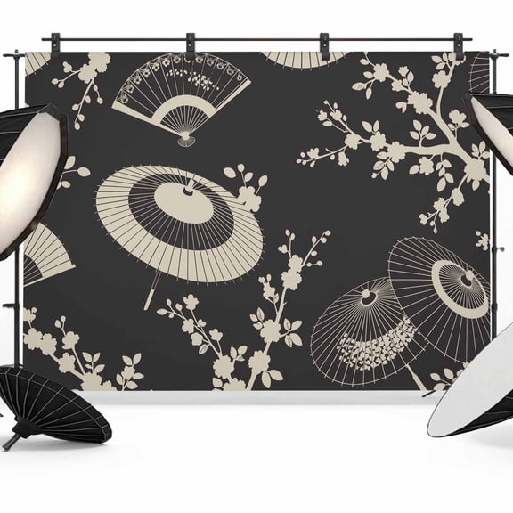 Photo Backdrop 5x7 ft Paper Fan Photography Backdrops CurtainsCherry Blossom Branch Japanese Style Black Photo Booth Drapes for Backdrop Photoshoot Wedding Party Birthday Background Screen