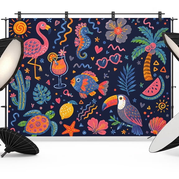 Photo Backdrop 5x7 ft Pink Flamingo Photography Backdrops Tropical Toucan Bird Turtles Fish Palm Photo Booth Drapes for Backdrop Photoshoot Wedding Party Birthday Background Screen