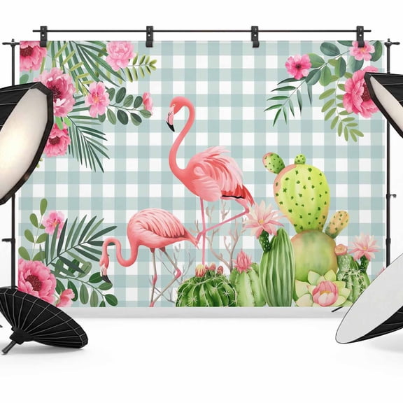 Photo Backdrop 5x7 ft Pink Floral Flamingos Photography Backdrops CurtainsSummer Tropical Cactus Green Plaid Photo Booth Drapes for Backdrop Photoshoot Wedding Party Birthday Background Screen