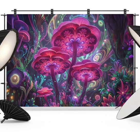 Photo Backdrop 5x7 ft Pink Neon Mushrooms Photography Backdrops Curtains Wall Covering Fantasy Shiny Moon Snails Photo Booth Drapes for Backdrop Photoshoot Wedding Party Birthday Background Screen