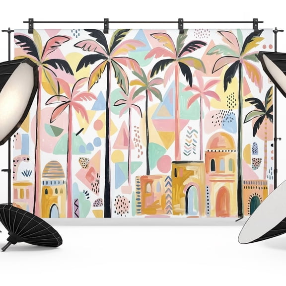 Photo Backdrop 5x7 ft Pink Palm Trees Photography Backdrops Curtains Wall Covering Summer Boho Geometric Buildings Photo Booth Drapes for Backdrop Photoshoot Wedding Party Birthday Background Screen