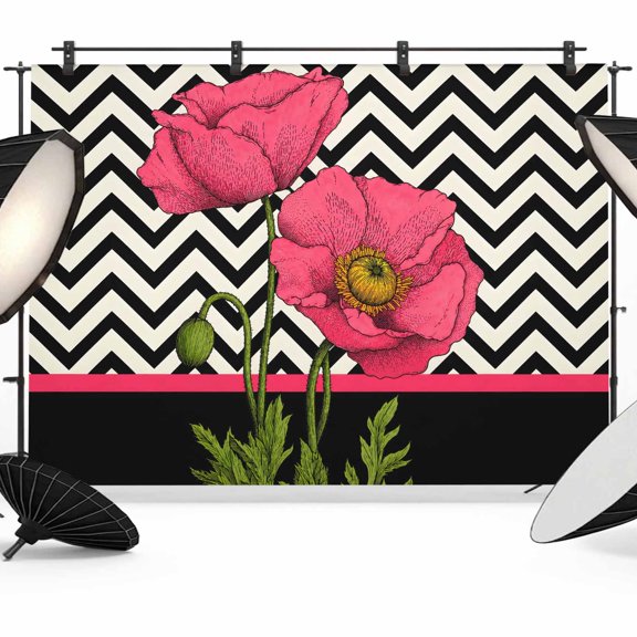 Photo Backdrop 5x7 ft Pink Poppy Flowers Photography Backdrops Bloom Flower Buds Black Chevron Photo Booth Drapes for Backdrop Photoshoot Wedding Party Birthday Background Screen