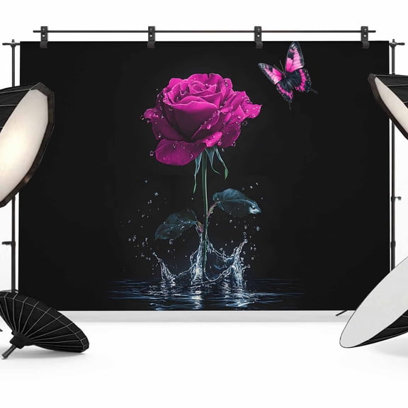 Photo Backdrop 5x7 ft Pink Rose Photography Backdrops Curtains Picture Wall Covering Butterfly Splash Black Photo Booth Drapes for Backdrop Photoshoot Wedding Party Birthday Background Screen