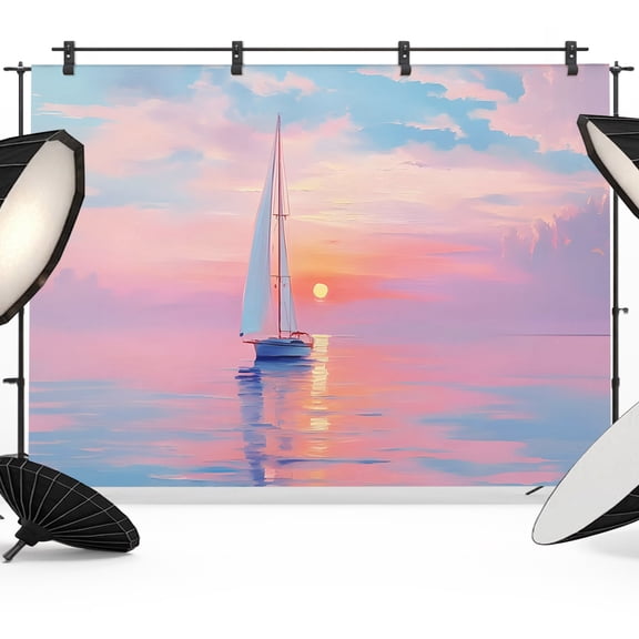 Photo Backdrop 5x7 ft Pink Sunset Sailing Boat Photography Backdrops CurtainsPeaceful Coastal Horizon Photo Booth Drapes for Backdrop Photoshoot Wedding Party Birthday Background Screen