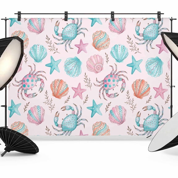 Photo Backdrop 5x7 ft Pink Teal Conch Shell Photography Backdrops Curtains Picture Wall Covering Polka Dots Crab Photo Booth Drapes for Backdrop Photoshoot Wedding Party Birthday Background Screen